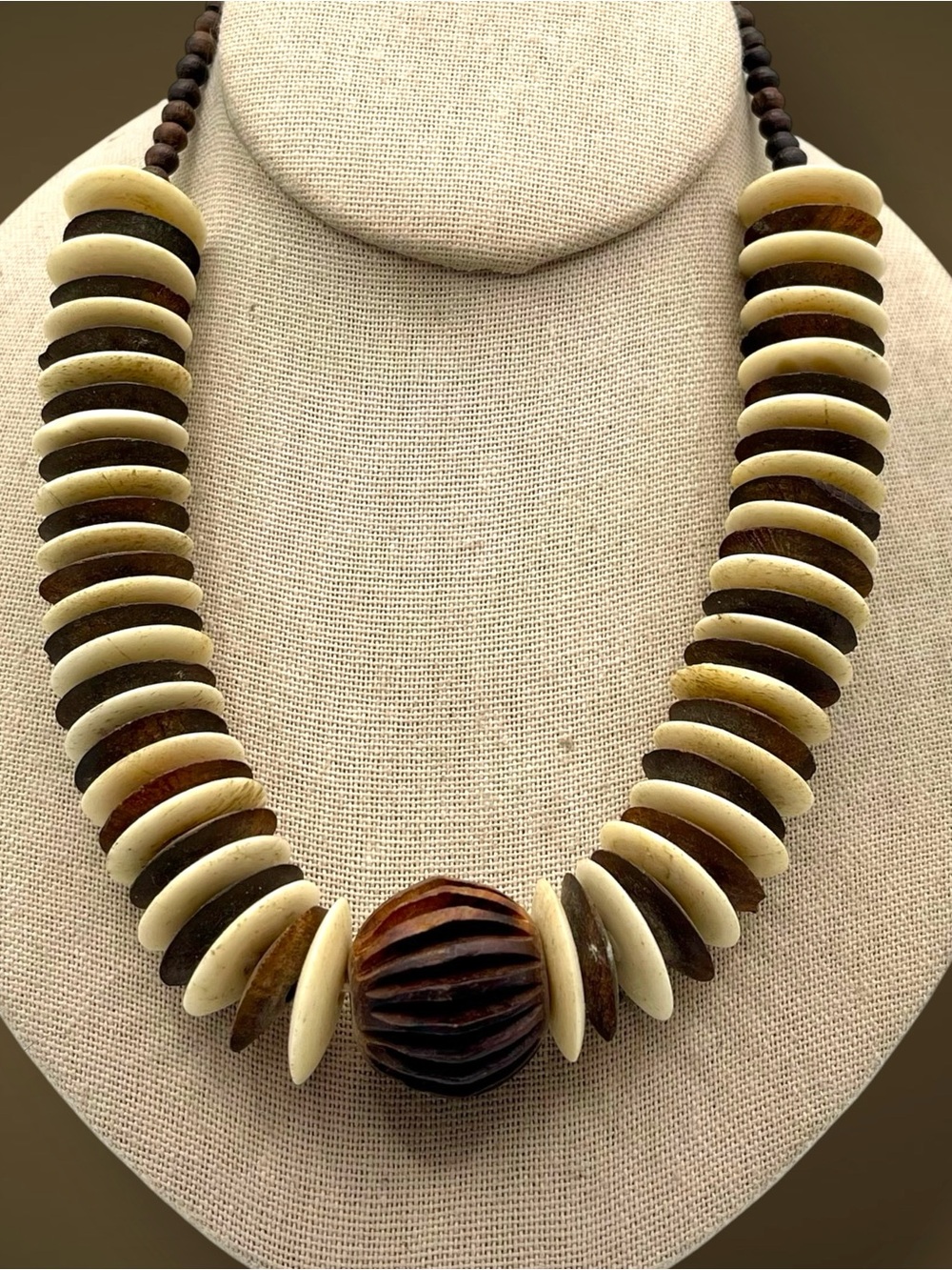 Vintage Tribal Beaded Statement Necklace Graduated Bone & Wood Disk Choker